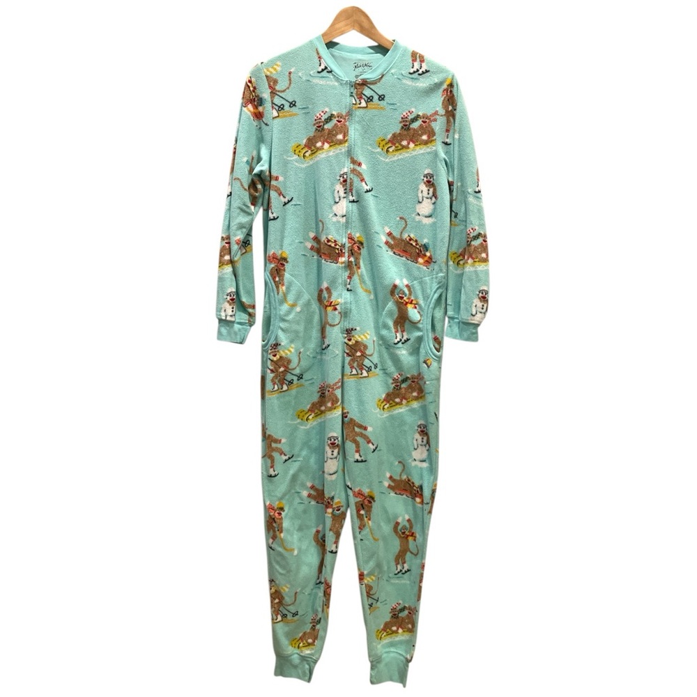 Nick & Nora Sock Monkey Snowman Sledding Cozy Fleece‎ One Piece Pajamas Small
